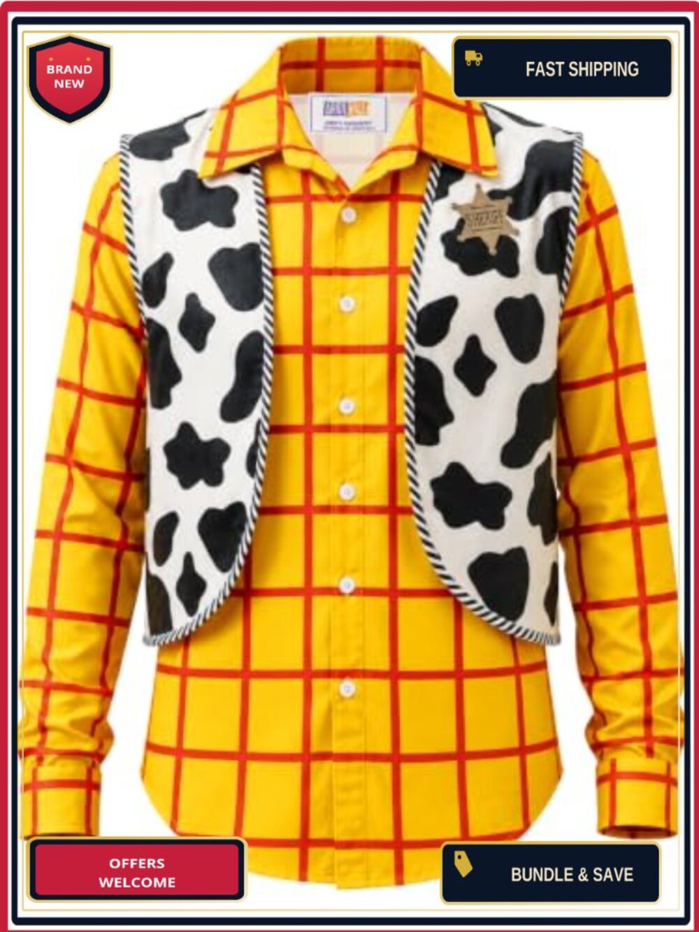 Men's 4 Piece Cowboy Costume Set Plaid Button Down Shirt Vest Neckerchief Badge